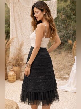 EXPRESS Black Lace Tiered Midi Skirt | Boho Romantic Style